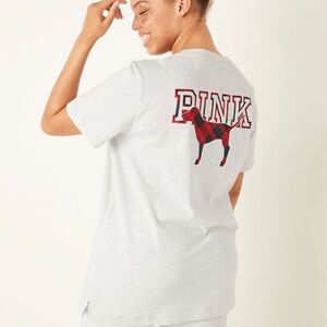 Victoria’s Secret PINK Campus Short Sleeve Tee Grey Red Plaid Graphic Large NEW